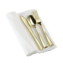 Gold Disposable Plastic Cutlery in White Napkin Rolls Set - 10 Napkins, 10 Forks, 10 Knives, 10 Spoons and 10 Paper Rings