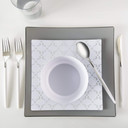 Square White and Silver Pattern Plastic Dinner Plates 10.25" (10 count)