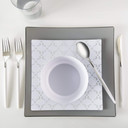 Square White and Silver Pattern Plastic Dessert Plates8" (10 count)