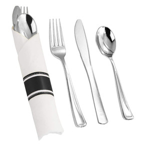 Silver Disposable Plastic Cutlery in White Napkin Rolls Set - 10 Napkins, 10 Forks, 10 Knives, 10 Spoons and 10 Paper Rings