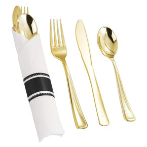 Gold Disposable Plastic Cutlery in White Napkin Rolls Set - 10 Napkins, 10 Forks, 10 Knives, 10 Spoons and 10 Paper Rings