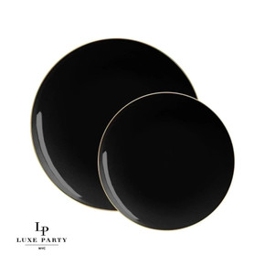 Round Black and Gold Plastic Dessert Plates 7.5" (10 count) Round Black and Gold Plastic Dessert Plates 7.5" (10 count)