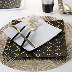 Square Black and Gold Pattern Plastic Dessert Plates 8" (10 count)