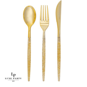 Gold Glitter Plastic Cutlery Set | 32 Pieces