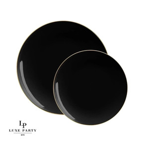 Round Black and Gold Plastic Dinner Plates 10.25" (10 count) Round Black and Gold Plastic Dinner Plates 10.25" (10 count)