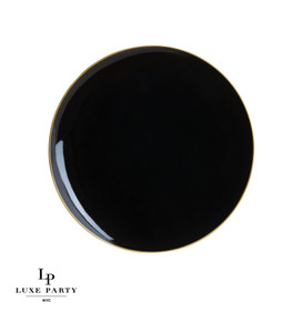 Round Black and Gold Plastic Dinner Plates 10.25" (10 count) Round Black and Gold Plastic Dinner Plates 10.25" (10 count)