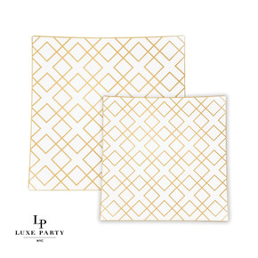 Square White and Gold Art Deco Pattern Plastic Dinner Plates 10.5" (10 count)