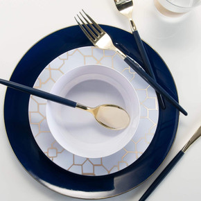 Round Navy and Gold Plastic Dessert Plates 7.5" (10 count)