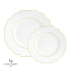 Scalloped White and Gold Plastic Dinner Plates 10.7" (10 Pack) Scalloped White and Gold Plastic Dinner Plates 10.7" (10 Pack)