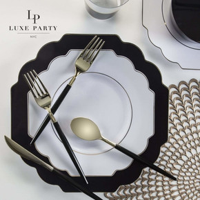 Scalloped White and Gold Plastic Dinner Plates 10.7" (10 Pack) Scalloped White and Gold Plastic Dinner Plates 10.7" (10 Pack)