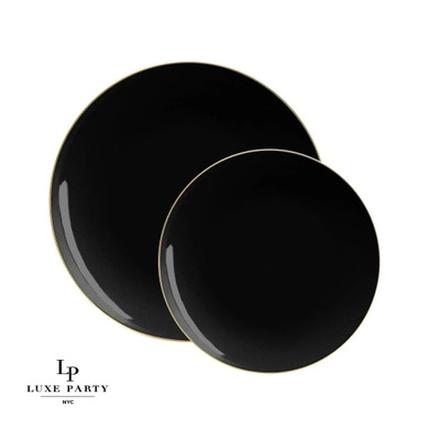 Round Black and Gold Plastic Dessert Plates 7.25" (10 count)