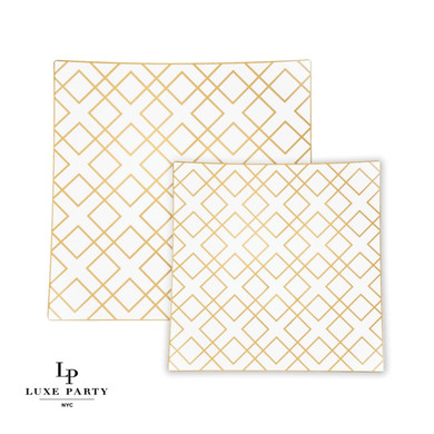 Square White and Gold Art Deco Pattern Plastic Dessert Plates 8" (10 count)