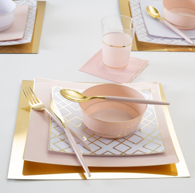 Square White and Gold Art Deco Pattern Plastic Dessert Plates 8" (10 count)