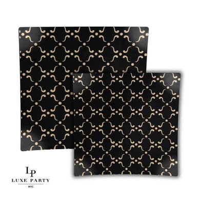 Square Black and Gold Pattern Plastic Dessert Plates 8" (10 count)