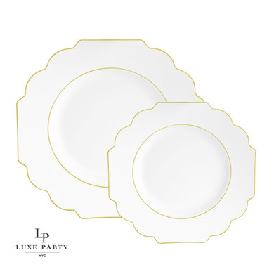 Scalloped White and Gold Plastic Dessert Plates 8" (10 Pack)