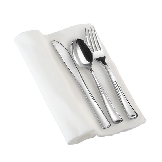 Silver Disposable Plastic Cutlery in White Napkin Rolls Set - 10 Napkins, 10 Forks, 10 Knives, 10 Spoons and 10 Paper Rings