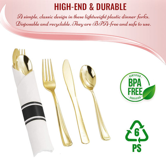 Gold Disposable Plastic Cutlery in White Napkin Rolls Set - 10 Napkins, 10 Forks, 10 Knives, 10 Spoons and 10 Paper Rings