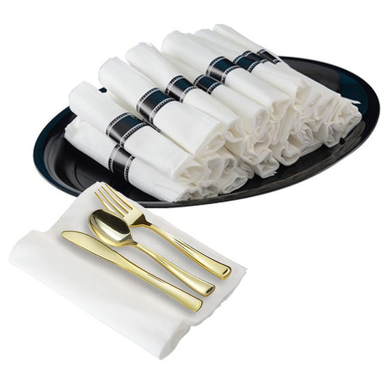 Gold Disposable Plastic Cutlery in White Napkin Rolls Set - 10 Napkins, 10 Forks, 10 Knives, 10 Spoons and 10 Paper Rings