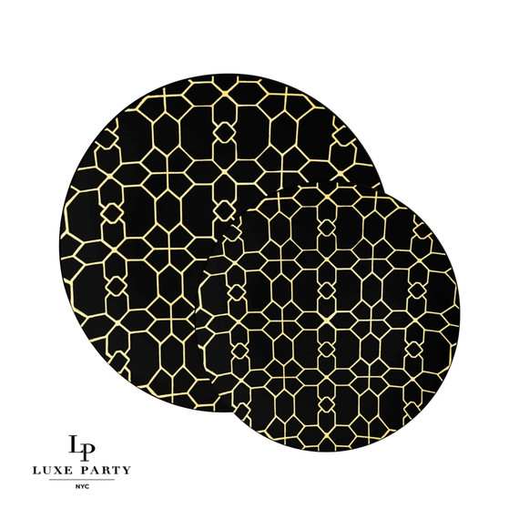 Round Black and Gold Pattern Plastic Dinner Plates 10.25" (10 count)