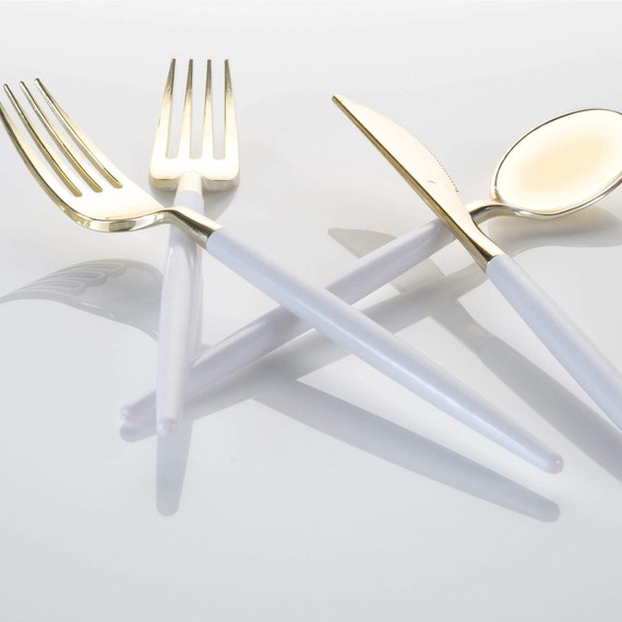 White and Gold Plastic Cutlery Set | 32 Pieces