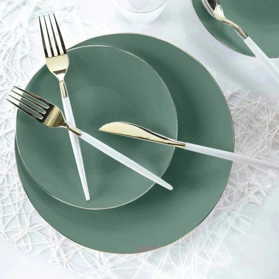 Round Sage Green and Gold Plastic Dinner Plates 10.25" (10 count)