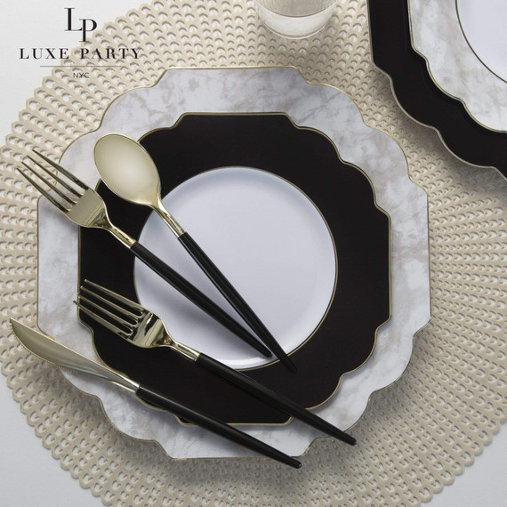 Scalloped  Black and Gold Plastic Dessert Plates 8" (10 count)