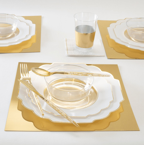 Scalloped Clear Base White and Gold Plastic Dessert Plates 8" (10 count)