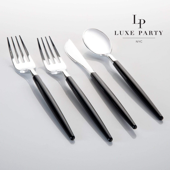 Black and Silver Plastic Cutlery Set | 32 Pieces