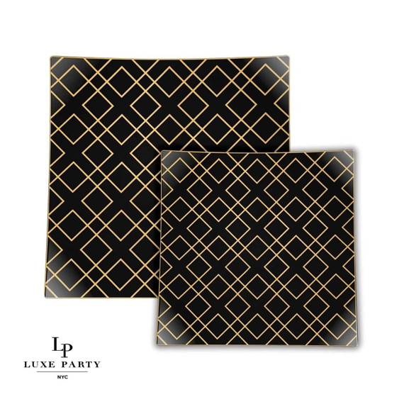 Square Black and Gold Art Deco Pattern Plastic Dinner Plates 10.5" (10 count)