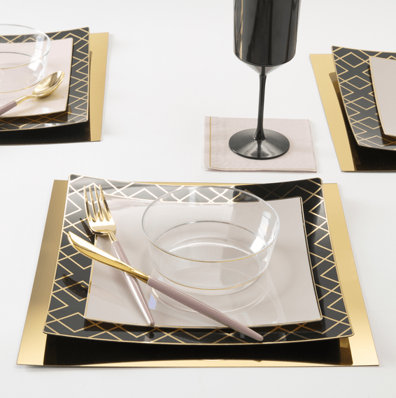 Square Black and Gold Art Deco Pattern Plastic Dinner Plates 10.5" (10 count)