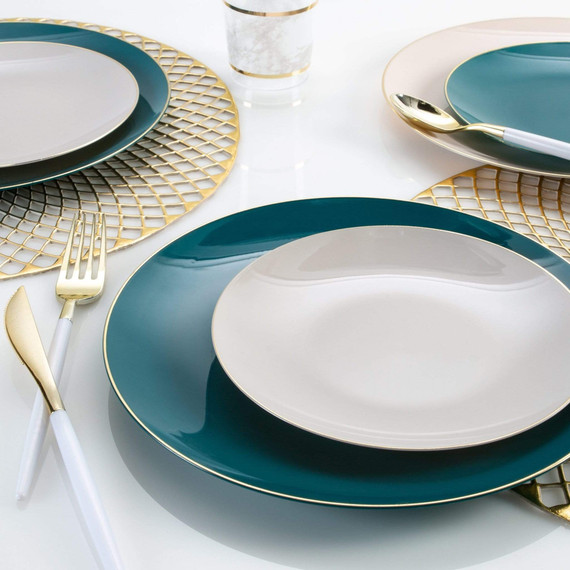 Round Teal and Gold Plastic Dinner Plates 10.25" (10 count)
