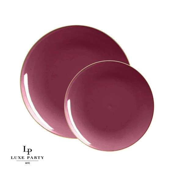 Round Cranberry and Gold Plastic Dinner Plates 10.25" (10 Pack)