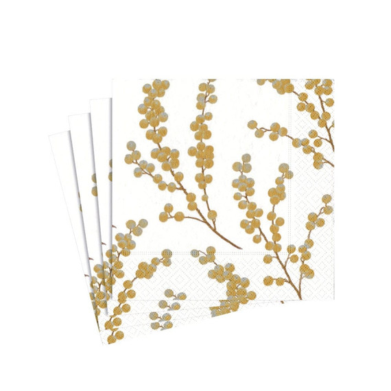 Berry Branches Paper Cocktail Napkins in White & Gold - 20 Per Package