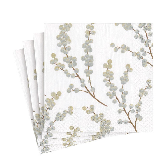 Berry Branches Paper Luncheon Napkins in White & Silver - 20 Per Package