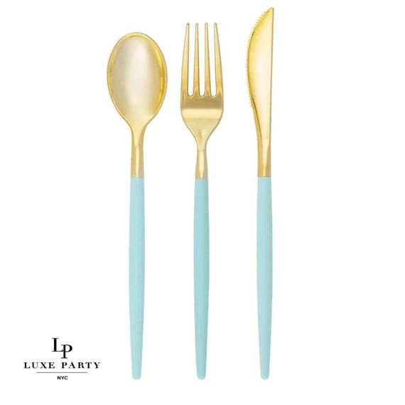 Mint Green and Gold Plastic Cutlery Set | 32 Pieces