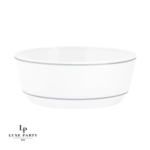 14 Oz. Round White and Silver Plastic Soup Bowls | 10 Count