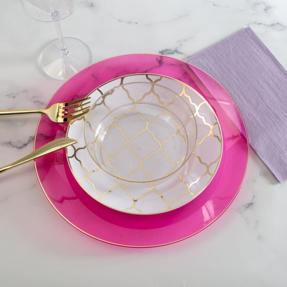 Round Transparent Hot Pink and Gold Plastic Dessert Plates