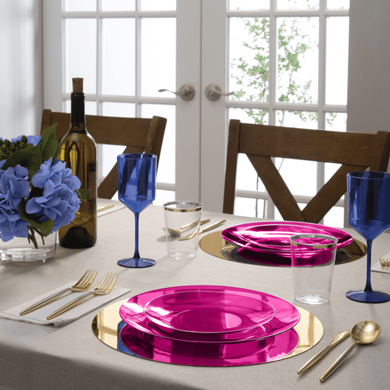 Round Transparent Hot Pink and Gold Plastic Dessert Plates