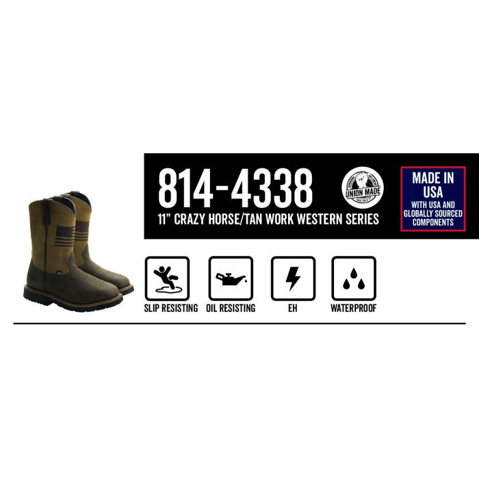 Western Work – Waterproof Crazy Horse/Tan – 11″ Square Toe