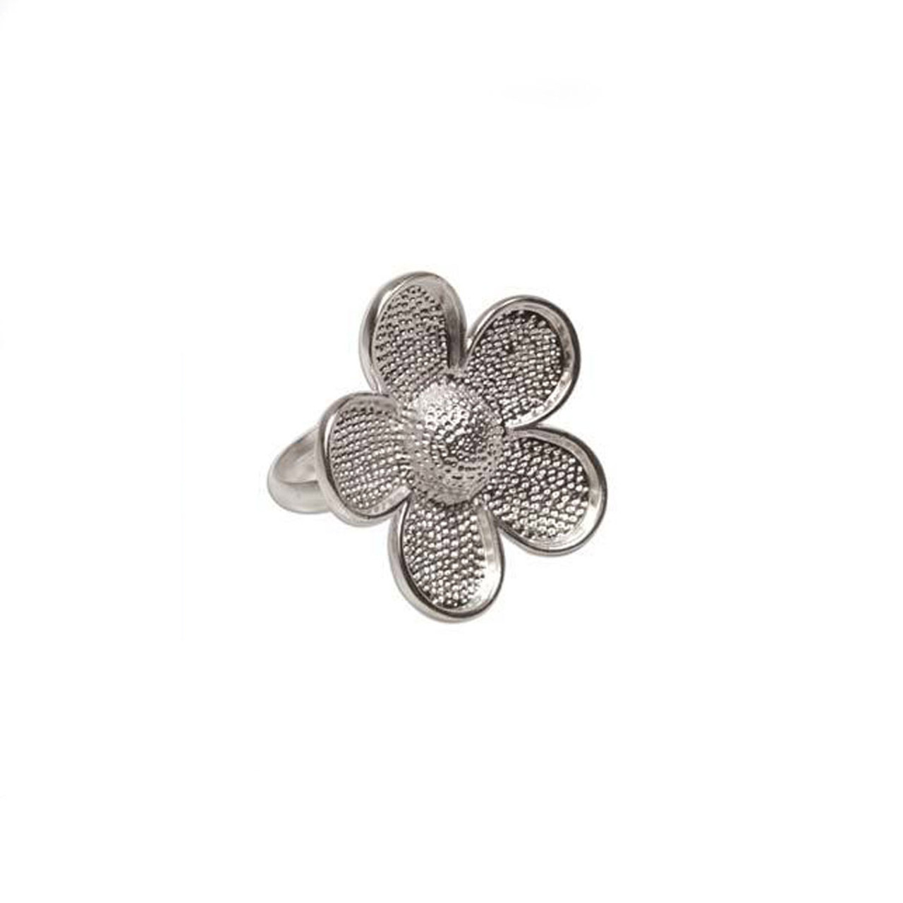 Bezel Ring With Adjustable Band - Flower Bright Silver - 3cm
