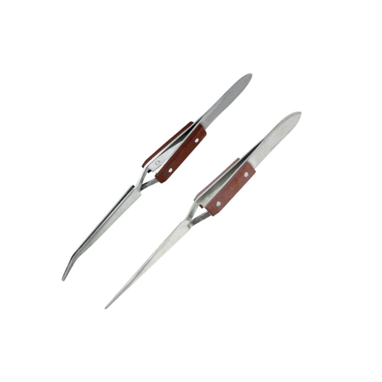 AAProTools Stainless Steel Straight Tweezers with Reverse Wooden Handle Tweezers Bent and Straight Reverse Action for Electronics Jewelry-Making