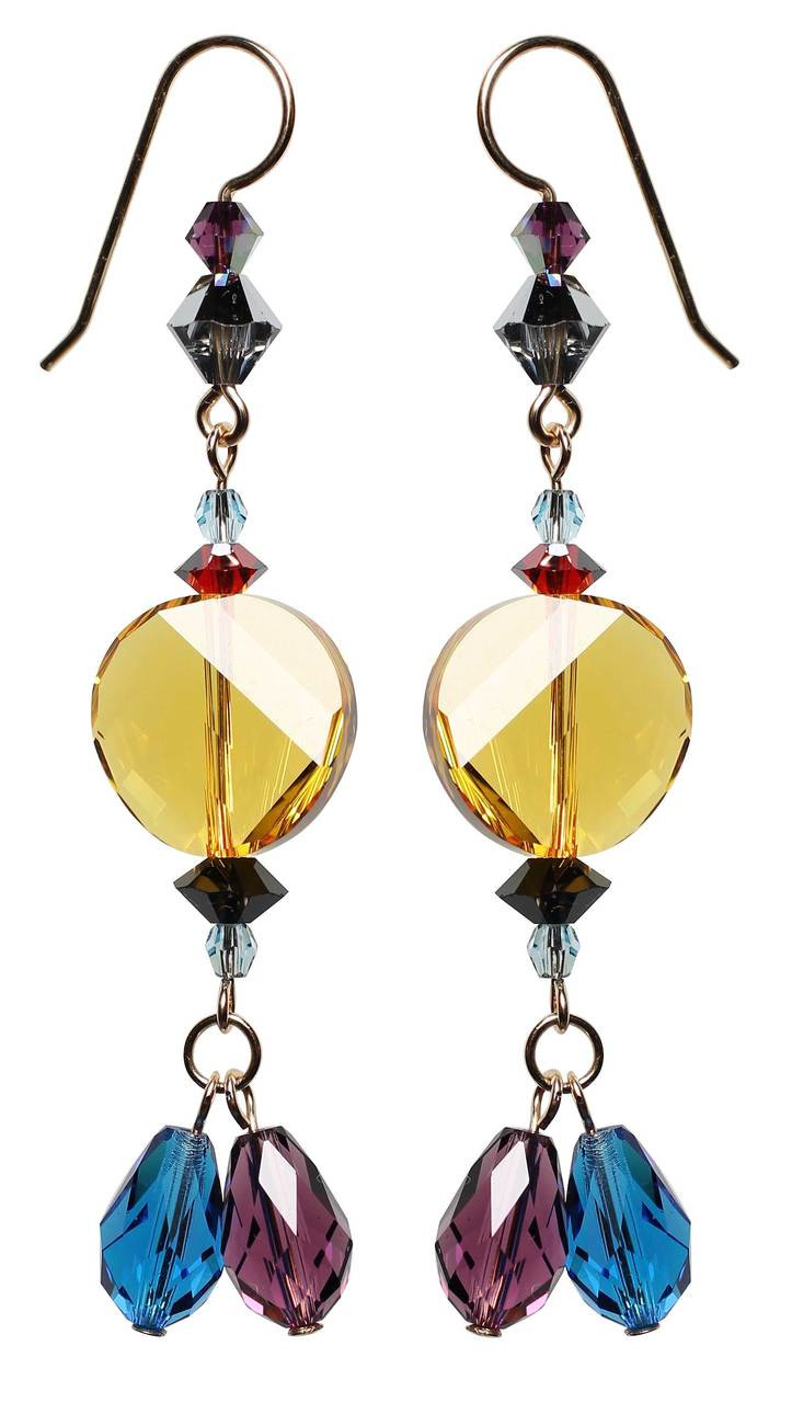 Shoulder duster earrings with yellow topaz Swarovski Crystal • All handmade  with 14K gold filled metal • Original one of a kind jewelry designs by  Karen Curtis in NYC