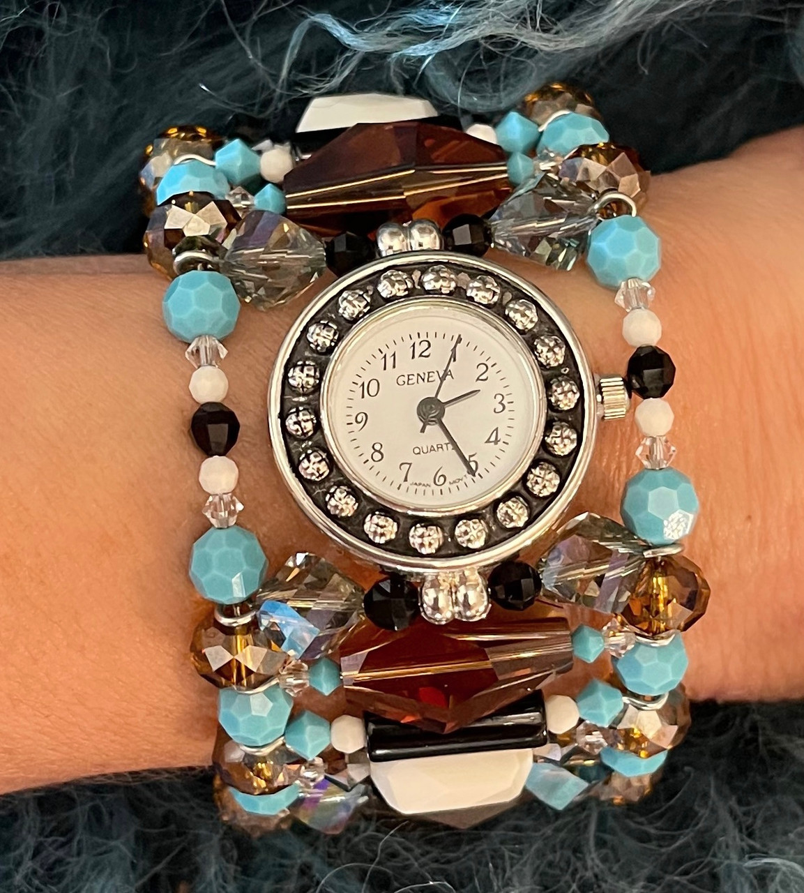 Multi Colored Swarovski Crystal Watch Cuff Bracelet features