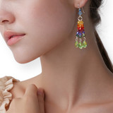 show your pride by wearing rainbow jewelry. i'm modeling rainbow 3 strand earrings designed especially for pride month.  rainbow dangle earrings are sterling silver with swarovski crystals and include vintage peridot drop pear shapes. limited edition by designer karen curtis