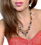 Karen Curtis is signature style limited edition v-necklace. Multi colored Swarovski crystals on 14 karat gold filled metal, adjustable in length