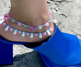 Pink & White Vintage Swarovski Crystal Anklet with Turquoise Accents & Sterling Silver