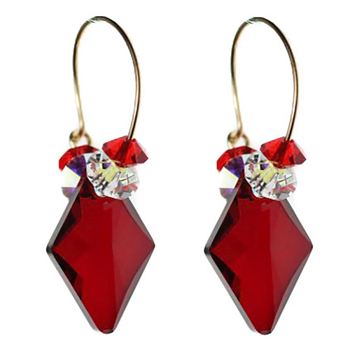 Red Crystal Hoop Earrings made with Diamond shaped Swarovski and 14K gold filled ear wire.