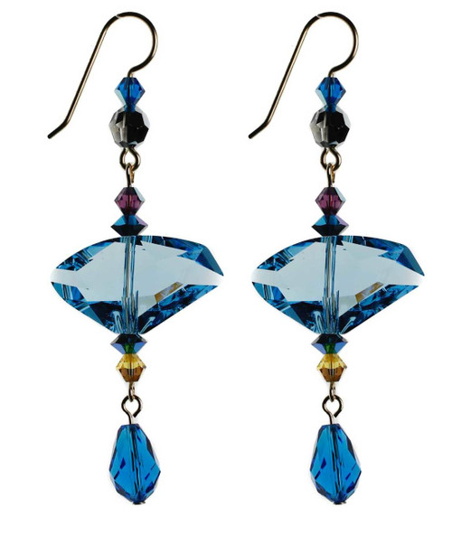Modern Swarovski crystal earrings with Aqua blue center - 14K gold filled metal