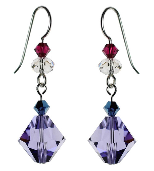 Bi-cone shaped purple crystal and sterling silver earrings.