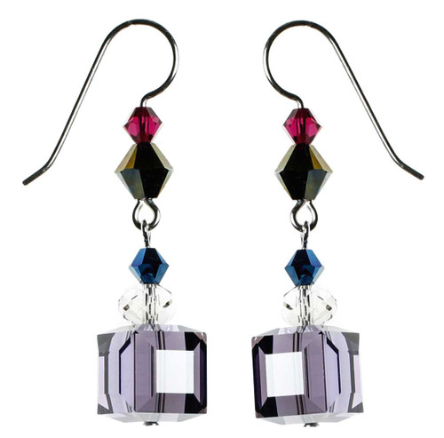 Purple cube crystal and sterling silver earrings.
